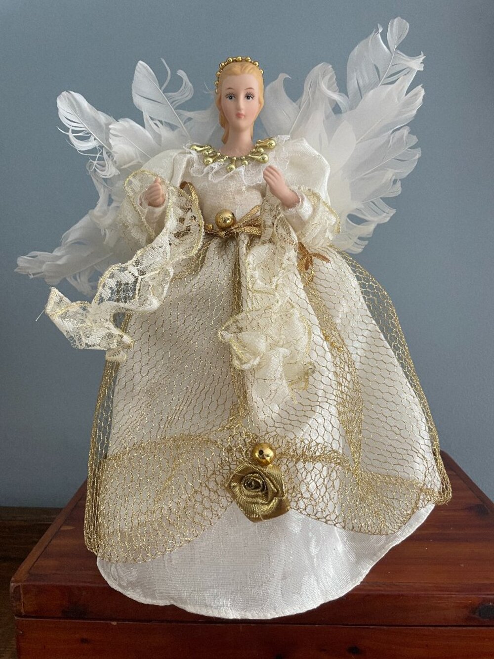 Angel Tree Topper Tabletop Christmas Decor 12” White & Gold